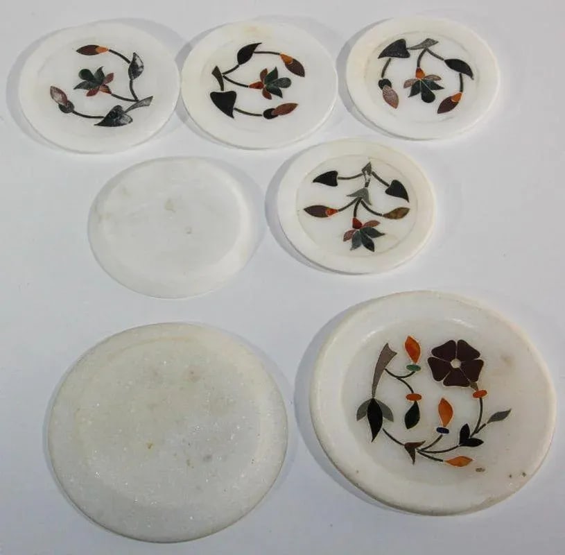 Vintage Rajasthani Pietra Dura White Stone Inlay Taj Mahal India Style Coasters- Set of 7 - 5