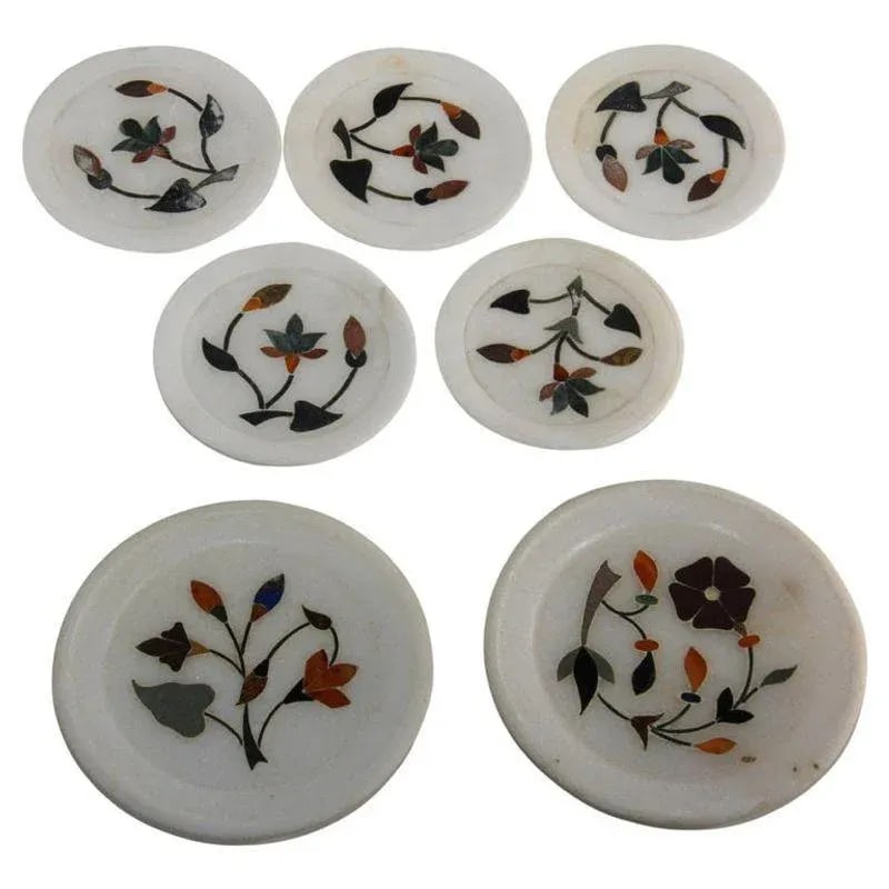 Vintage Rajasthani Pietra Dura White Stone Inlay Taj Mahal India Style Coasters- Set of 7 - 8