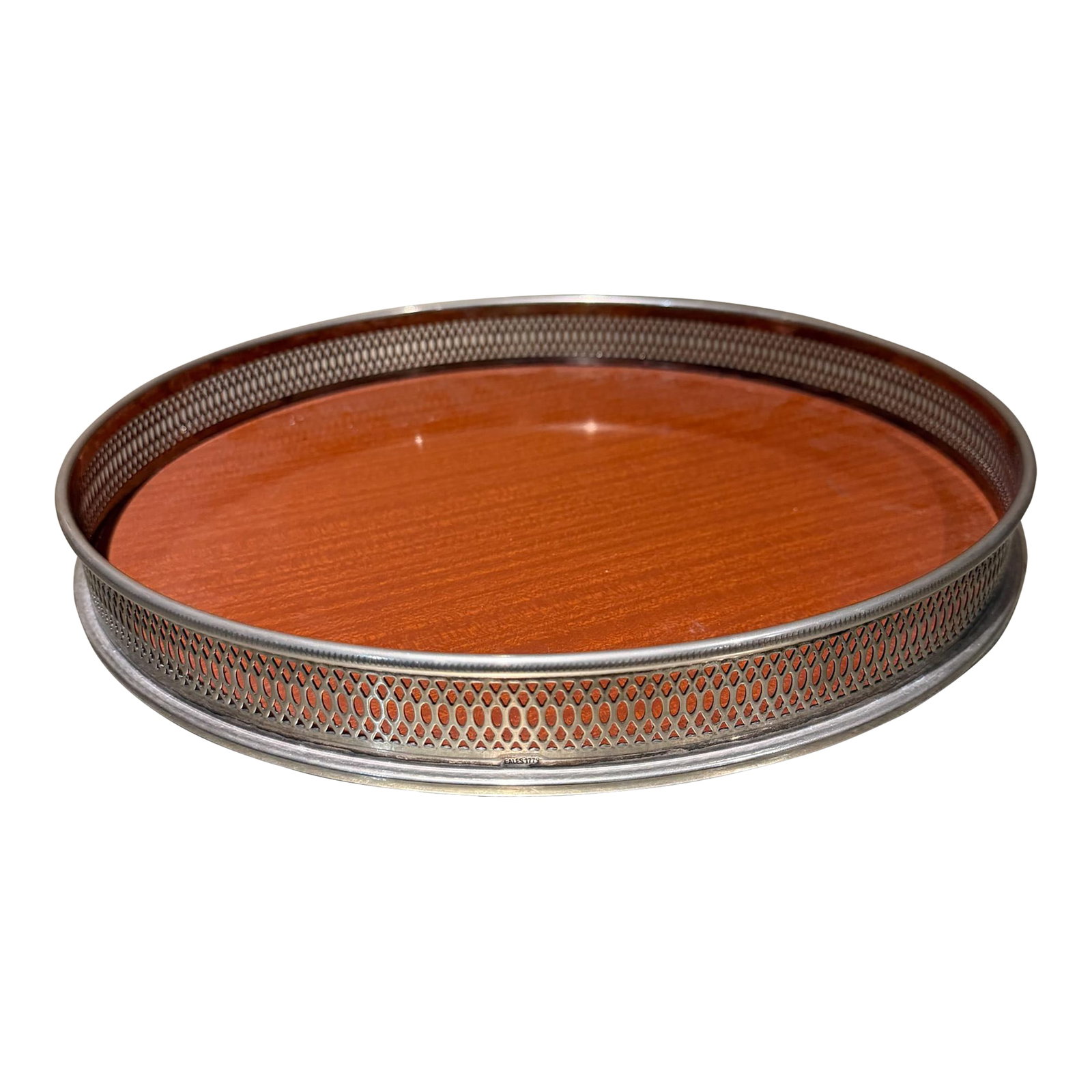 Mid-Century Modern Round Serving Butler's Tray Eales of Sheffield: For your consideration, a vintage Mid-Century Modern round serving butler's tray produced by Eales of Sheffield. The tray features a distinctive reticulated/pierced silver-plated gallery edge