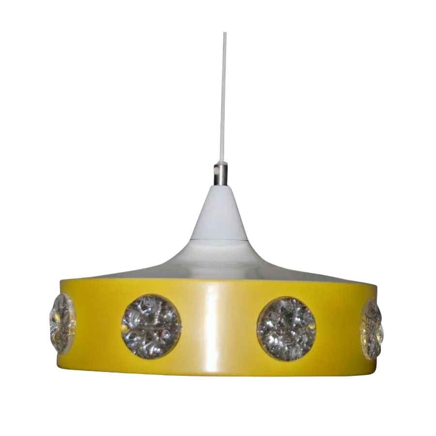 Mid-Century Yellow Swedish Modern Pendant: Hello yellow! This sunny yellow enamel coated aluminum Swedish pendant light is from the 1960's and features glass medallions. Newly rewired to US standards. Condition: Alterations: Restored