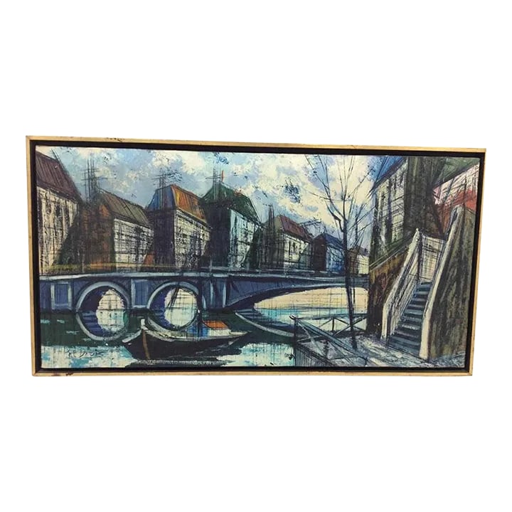 Pat Davis Modernist Landscape Painting: Mid-Century modern oil painting on canvas in original frame. It is signed on the lower left Pat Davis. Excellent condition, wire on back for hanging. Condition: Alterations: Original Condition