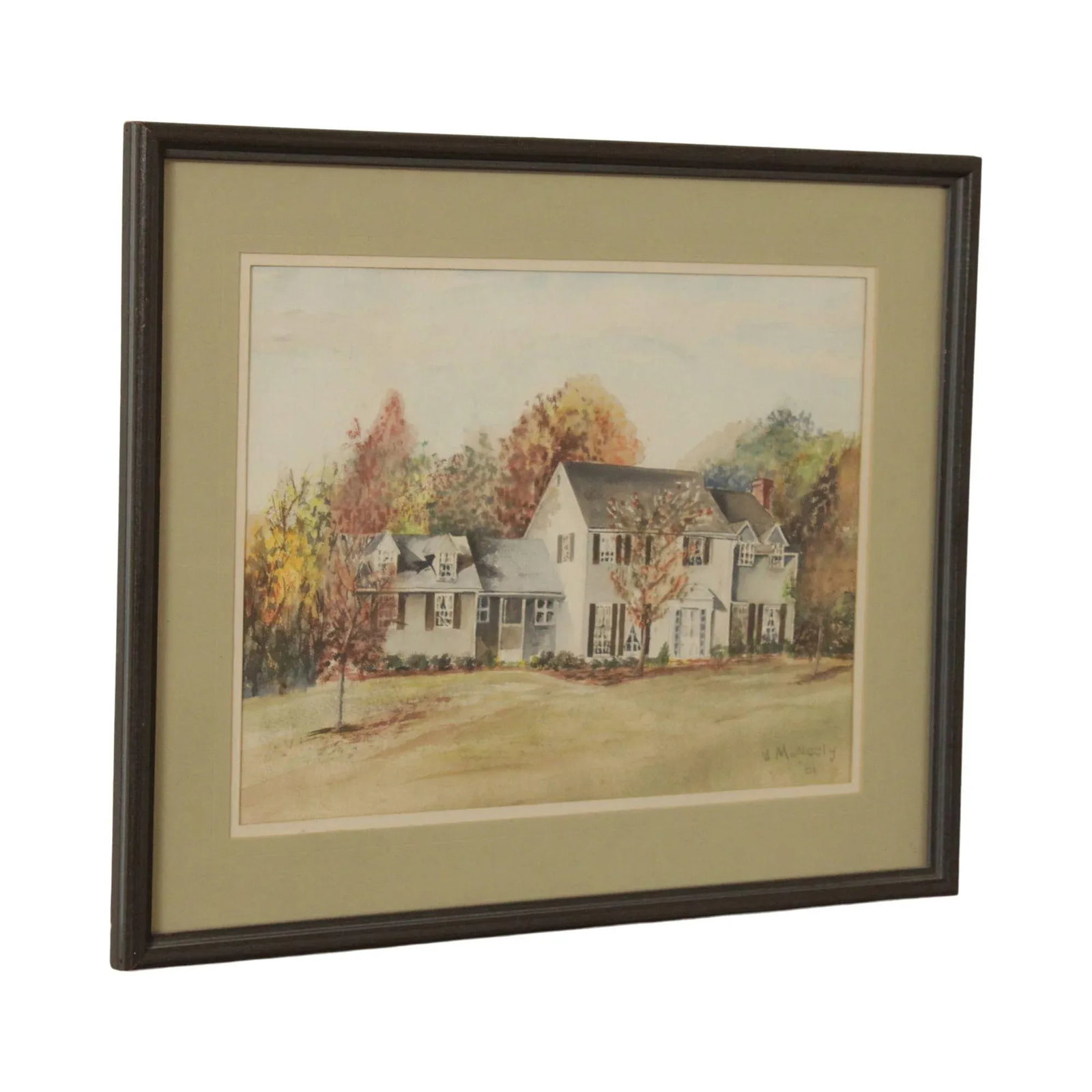 Vintage 20th C. New England House in Autumn Original Watercolor, Signed - 13