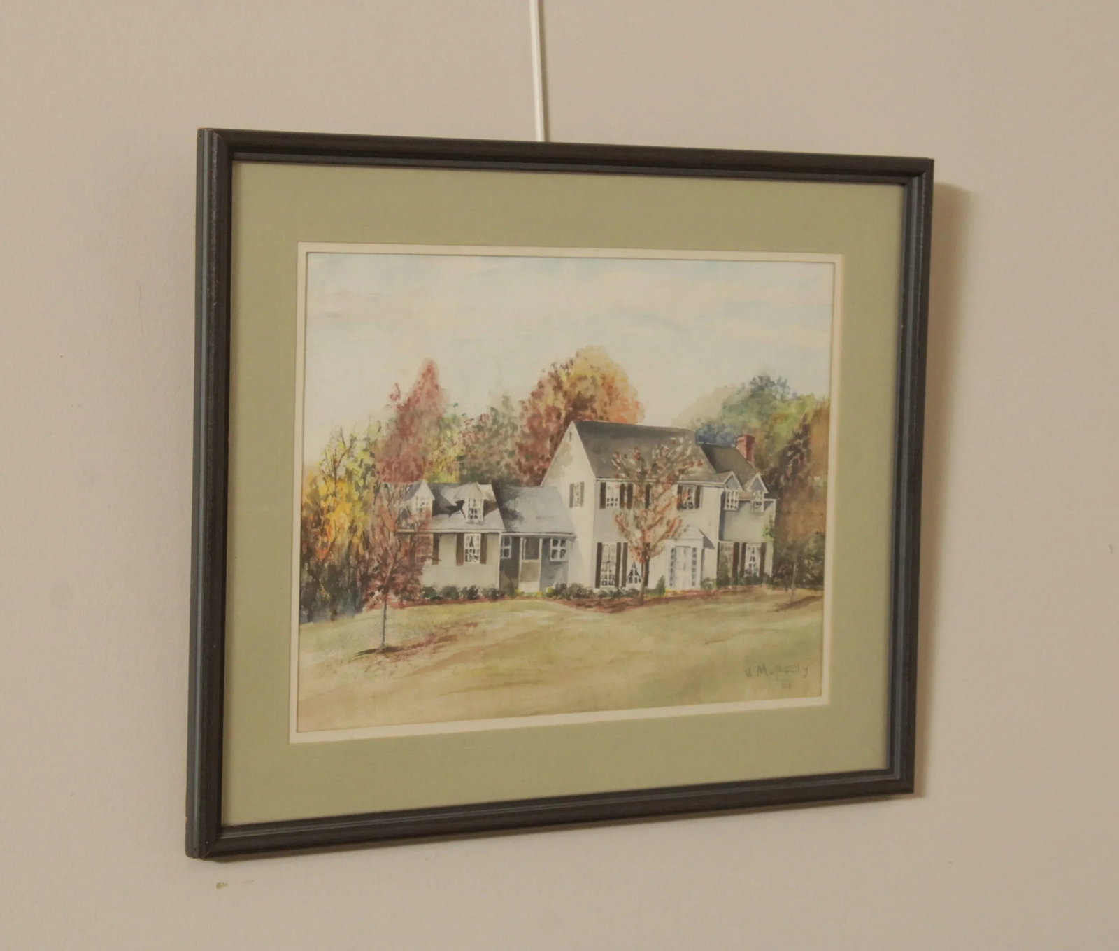 Vintage 20th C. New England House in Autumn Original Watercolor, Signed - 2