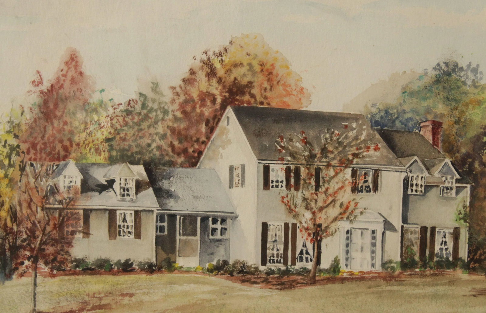 Vintage 20th C. New England House in Autumn Original Watercolor, Signed - 4