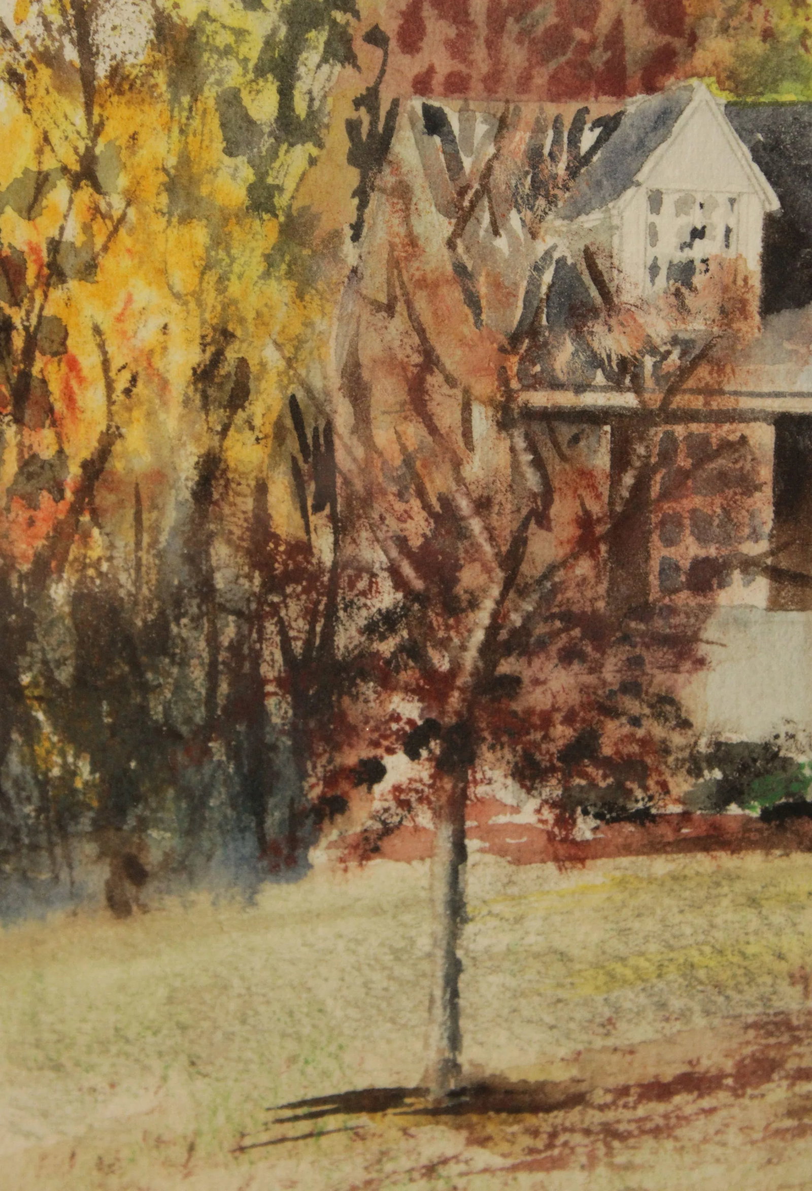 Vintage 20th C. New England House in Autumn Original Watercolor, Signed - 5
