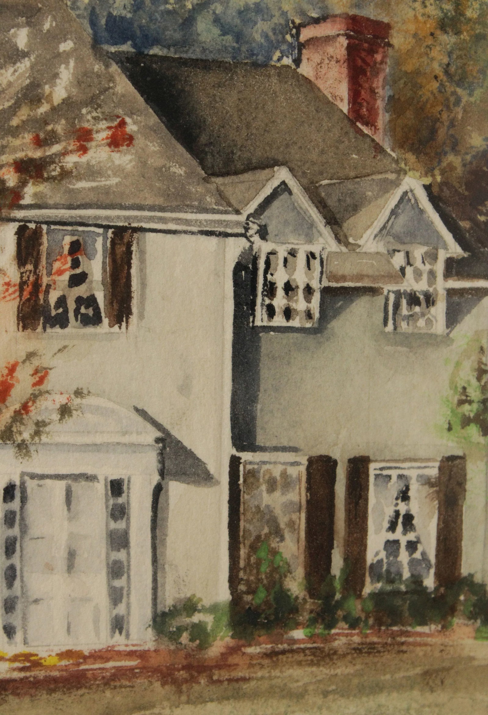 Vintage 20th C. New England House in Autumn Original Watercolor, Signed - 7