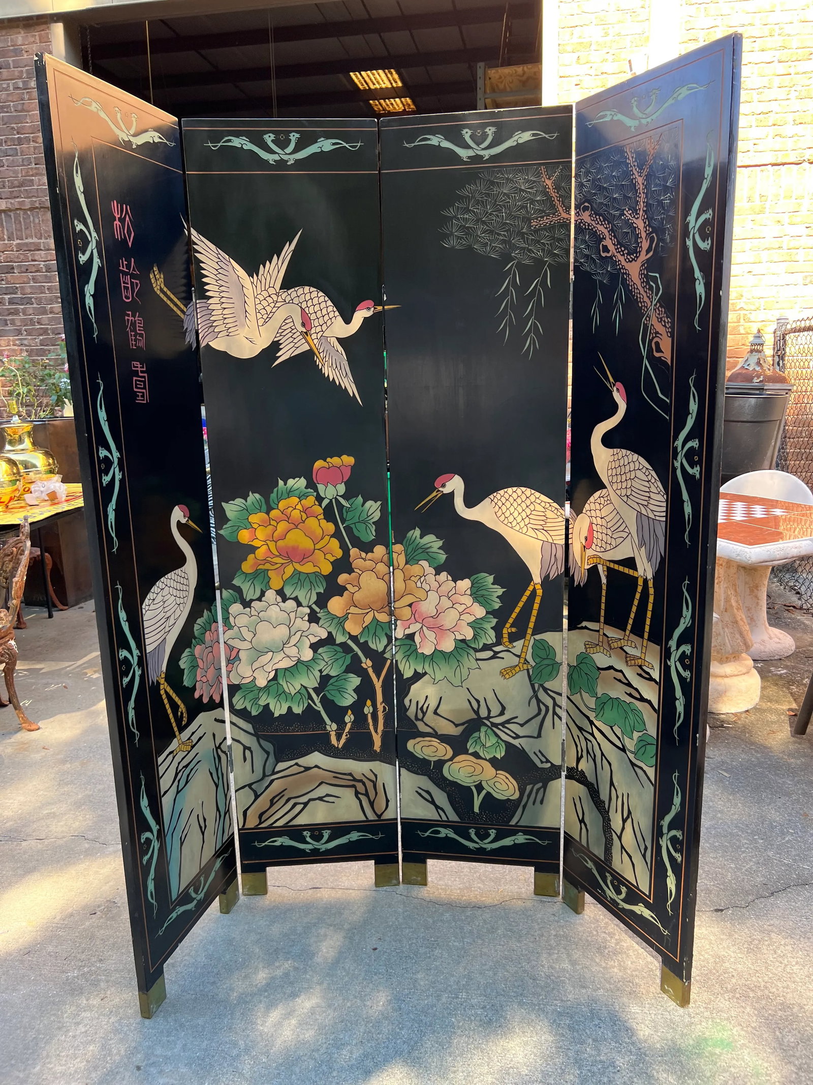 Coromandel Vintage Asian Crane Screen With Greek Key - 12