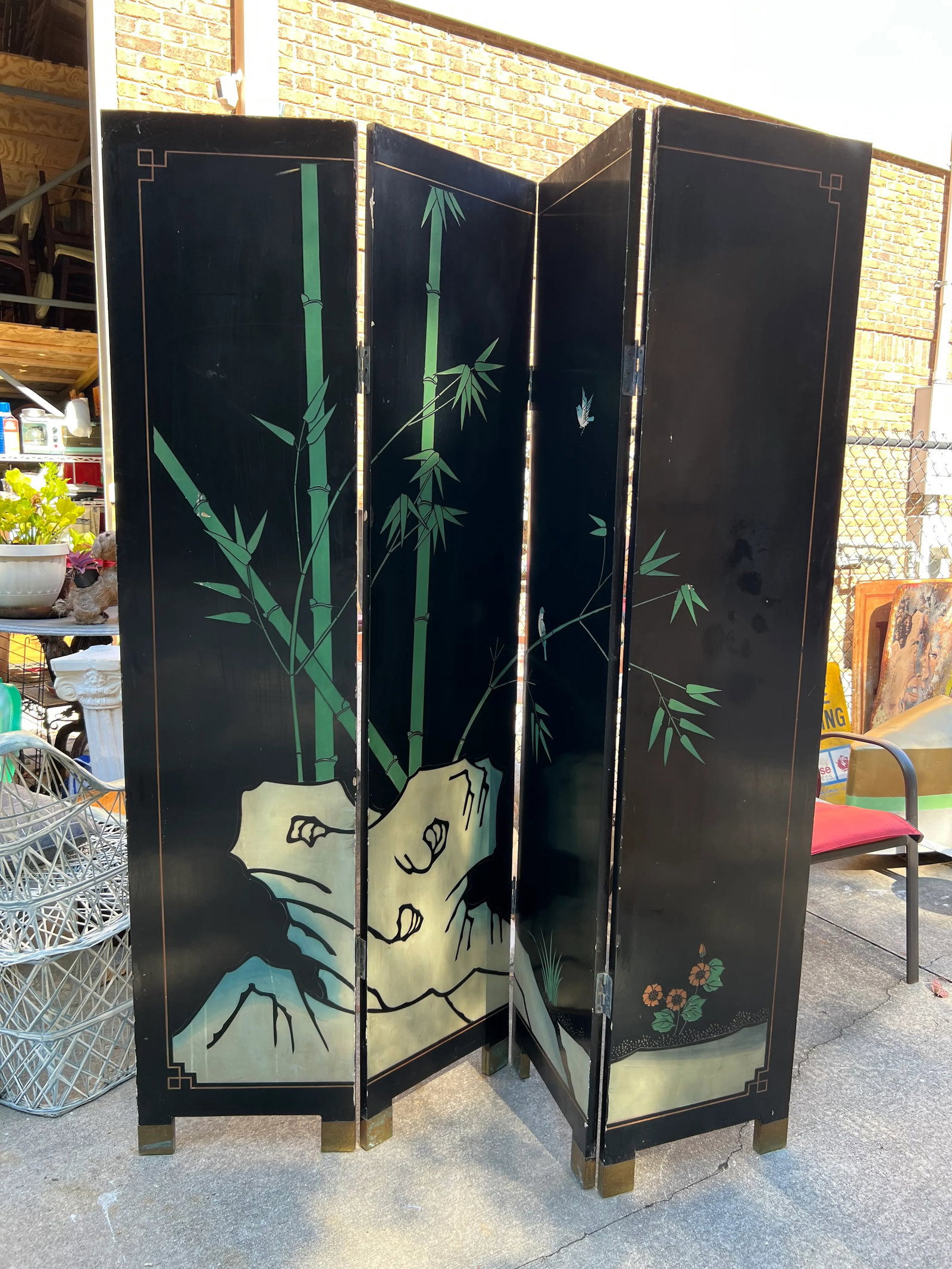 Coromandel Vintage Asian Crane Screen With Greek Key - 2