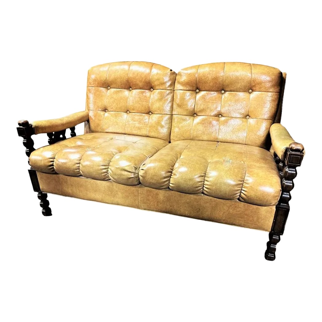 Mustard Yellow Vinyl Mid Century Spanish Revival Settee: No more lookin' for loveseats in all the wrong places! Eye-popping mustard yellow textured vinyl and Spanish Mission style dark oak combine for this fine piece from the 1960s. Great condition.