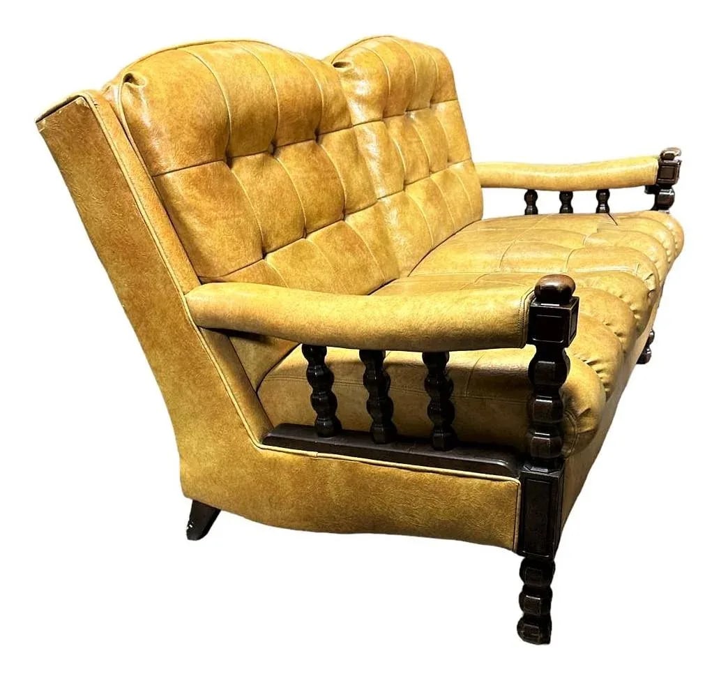 Mustard Yellow Vinyl Mid Century Spanish Revival Settee - 2