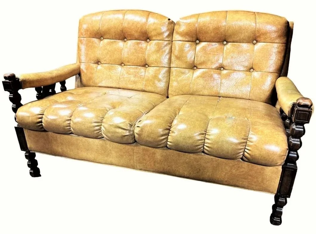 Mustard Yellow Vinyl Mid Century Spanish Revival Settee - 7