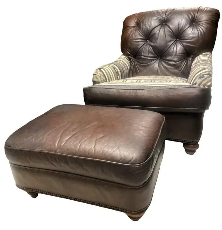 Vintage Chesterfield Leather Writer's Chair and Ottoman With Oriental Tapestry Details - 10