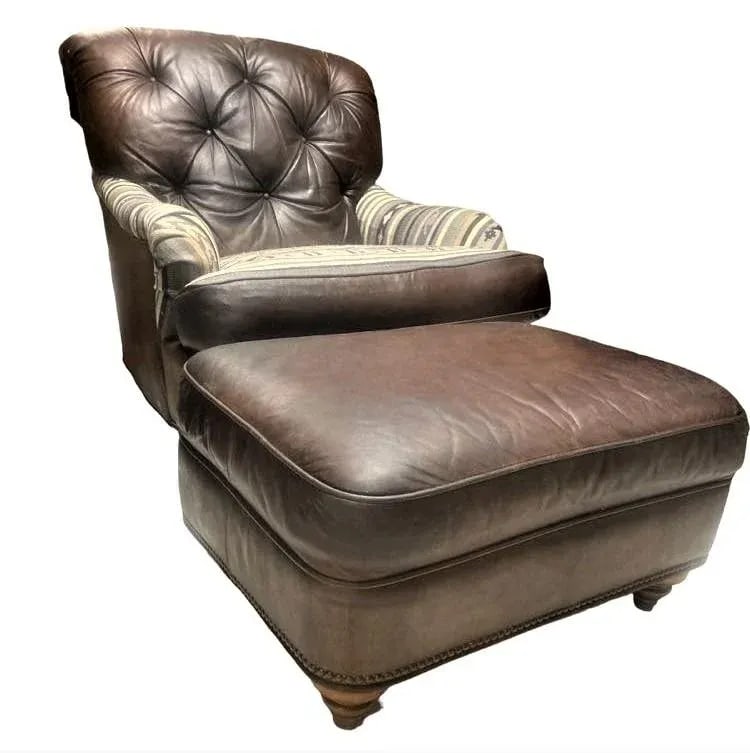 Vintage Chesterfield Leather Writer's Chair and Ottoman With Oriental Tapestry Details - 2