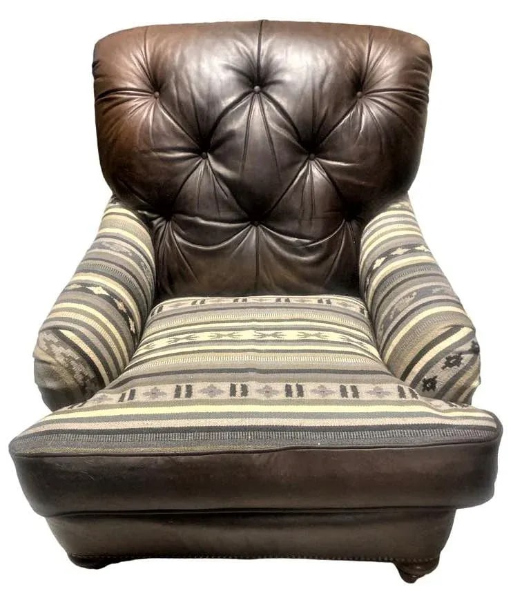 Vintage Chesterfield Leather Writer's Chair and Ottoman With Oriental Tapestry Details - 3