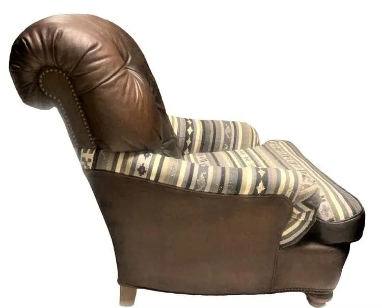 Vintage Chesterfield Leather Writer's Chair and Ottoman With Oriental Tapestry Details - 4