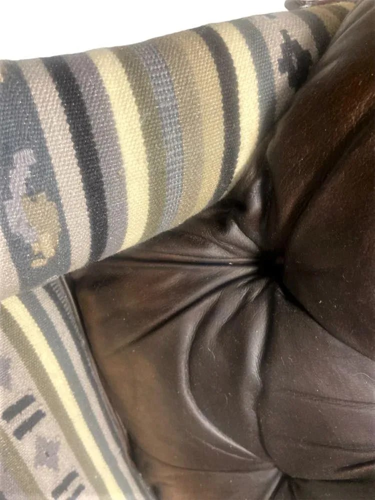 Vintage Chesterfield Leather Writer's Chair and Ottoman With Oriental Tapestry Details - 6