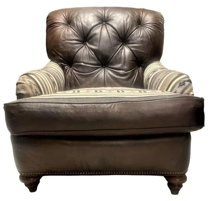 Vintage Chesterfield Leather Writer's Chair and Ottoman With Oriental Tapestry Details - 7