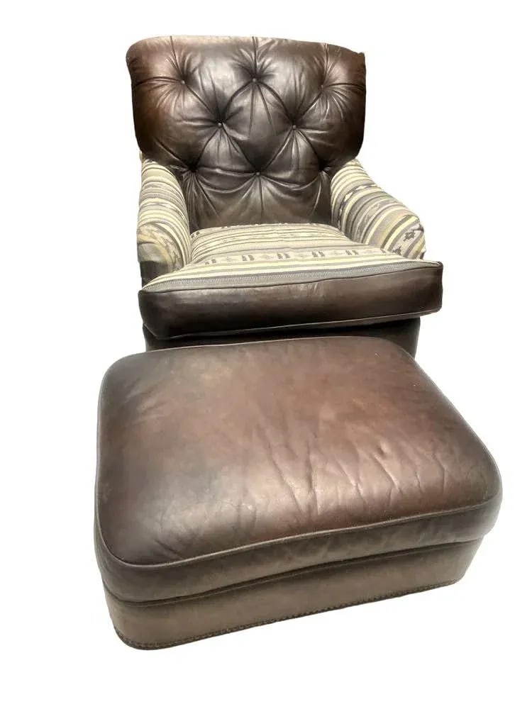 Vintage Chesterfield Leather Writer's Chair and Ottoman With Oriental Tapestry Details - 8