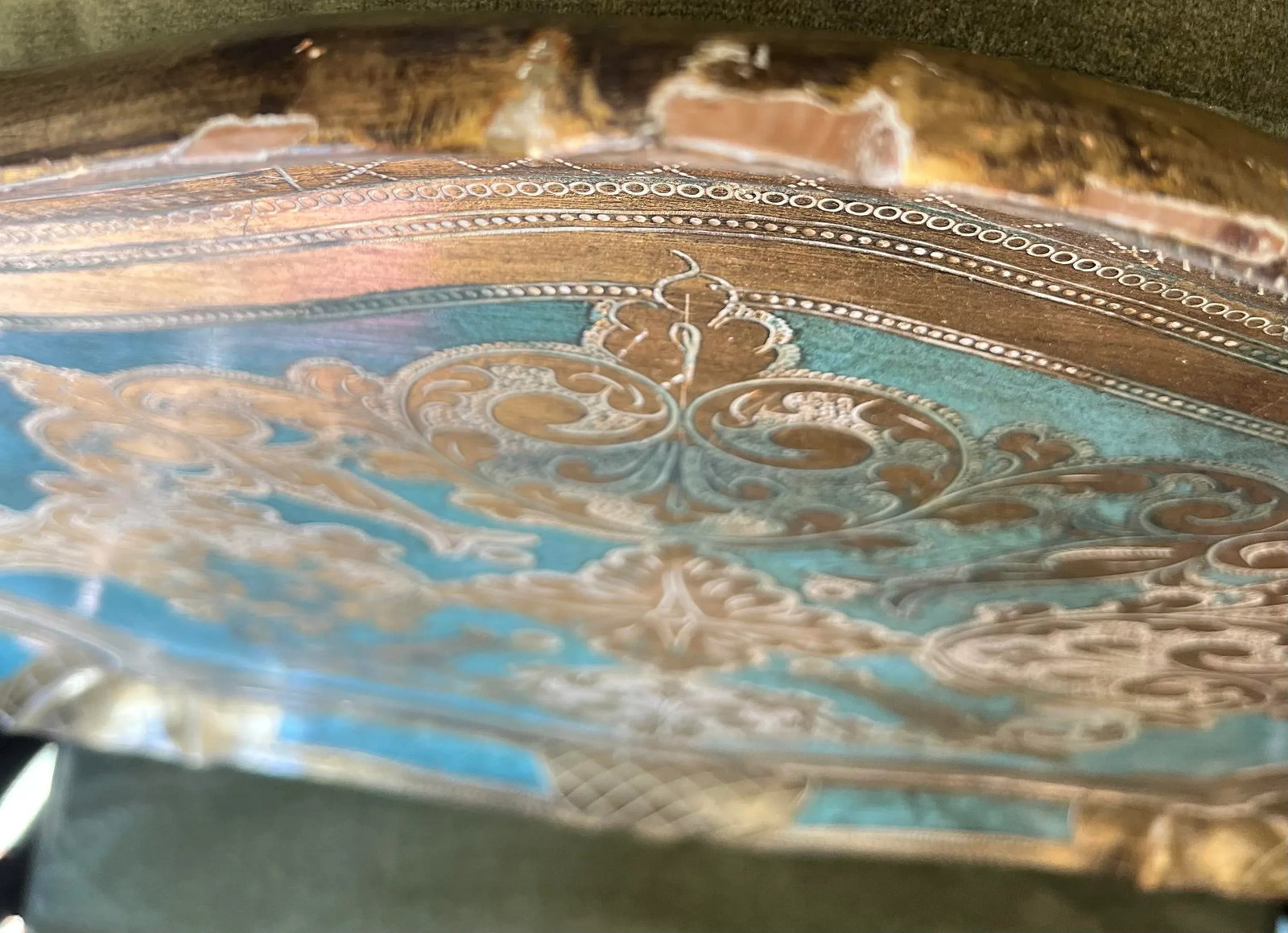 Vintage Hollywood Regency Florentine Turquoise & Gold Wood Tray - 10