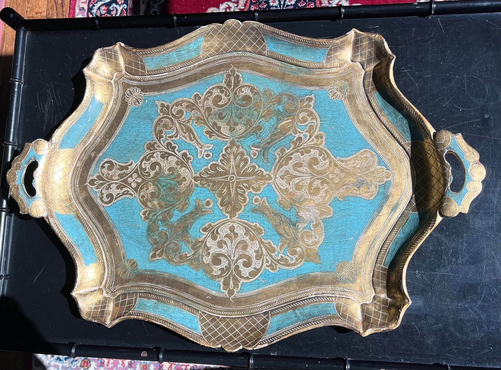 Vintage Hollywood Regency Florentine Turquoise & Gold Wood Tray - 12