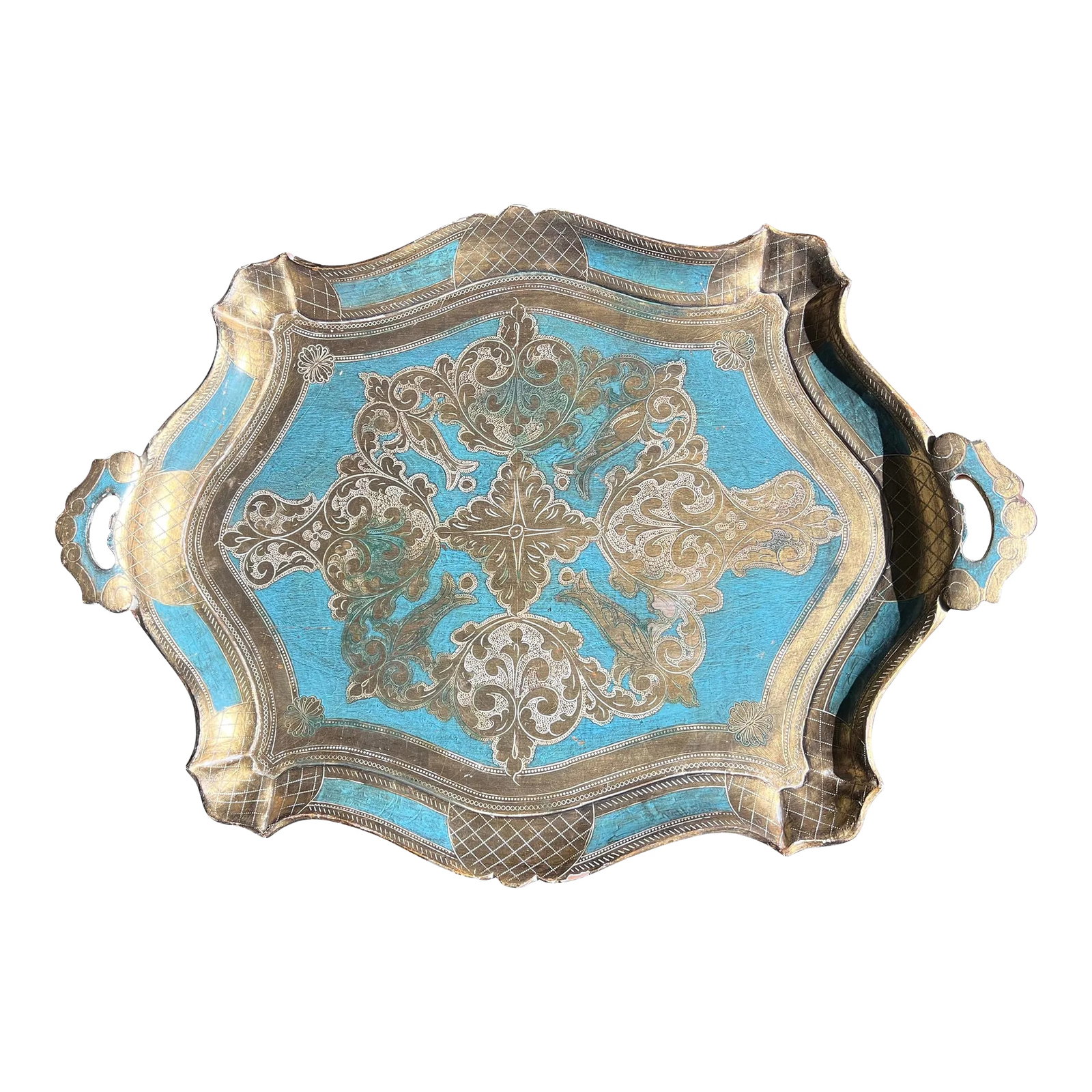 Vintage Hollywood Regency Florentine Turquoise & Gold Wood Tray (1 of 12)