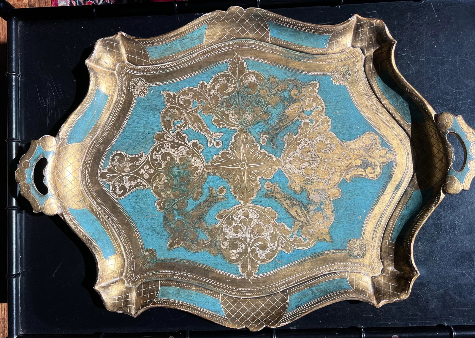 Vintage Hollywood Regency Florentine Turquoise & Gold Wood Tray - 2