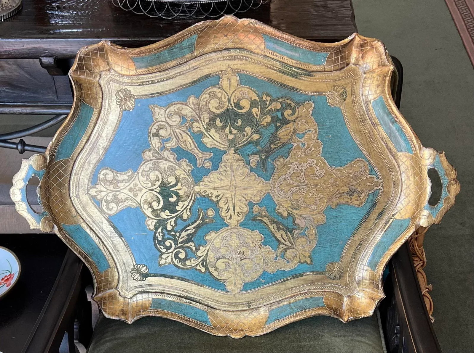Vintage Hollywood Regency Florentine Turquoise & Gold Wood Tray - 3