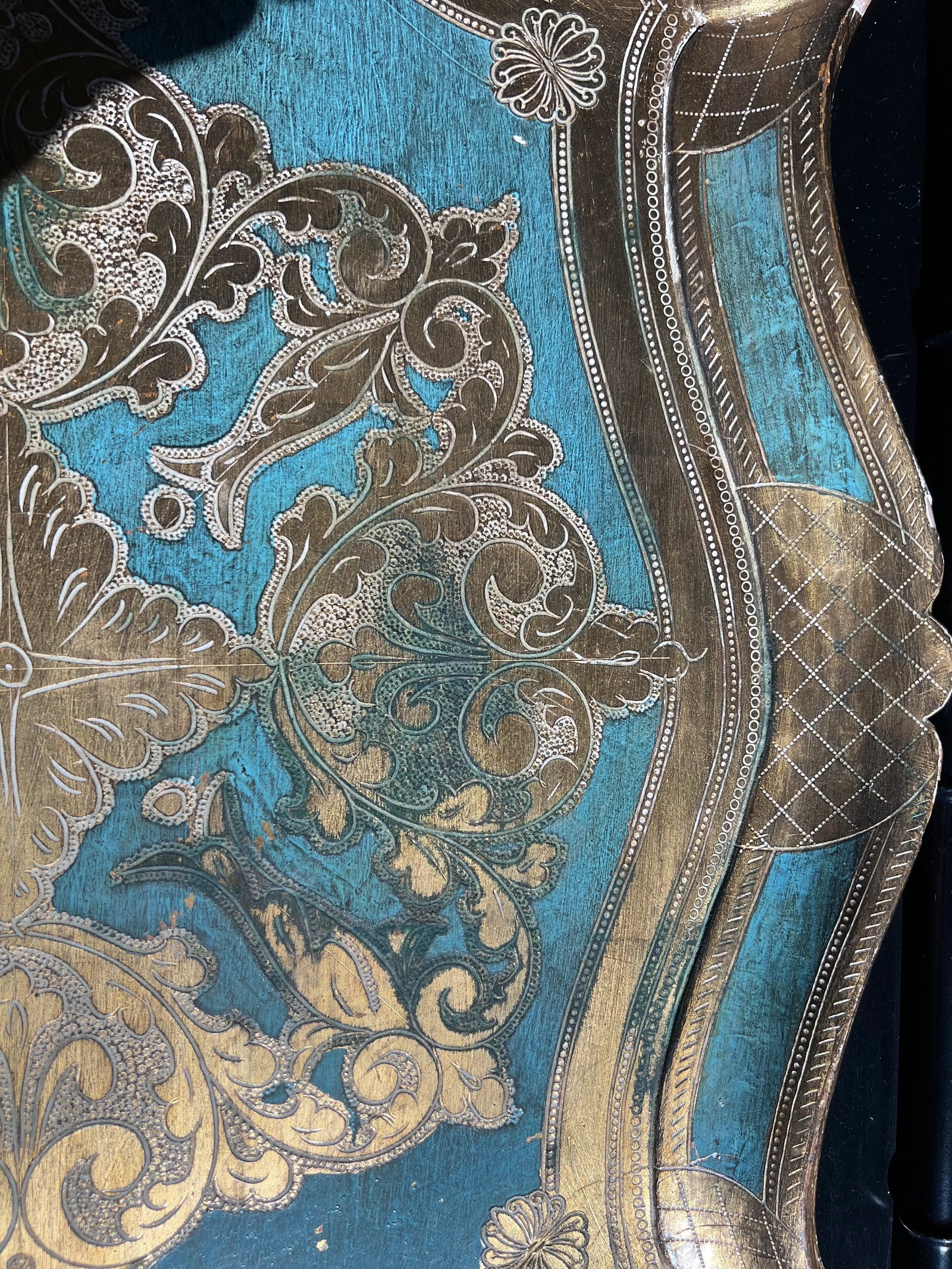 Vintage Hollywood Regency Florentine Turquoise & Gold Wood Tray - 5