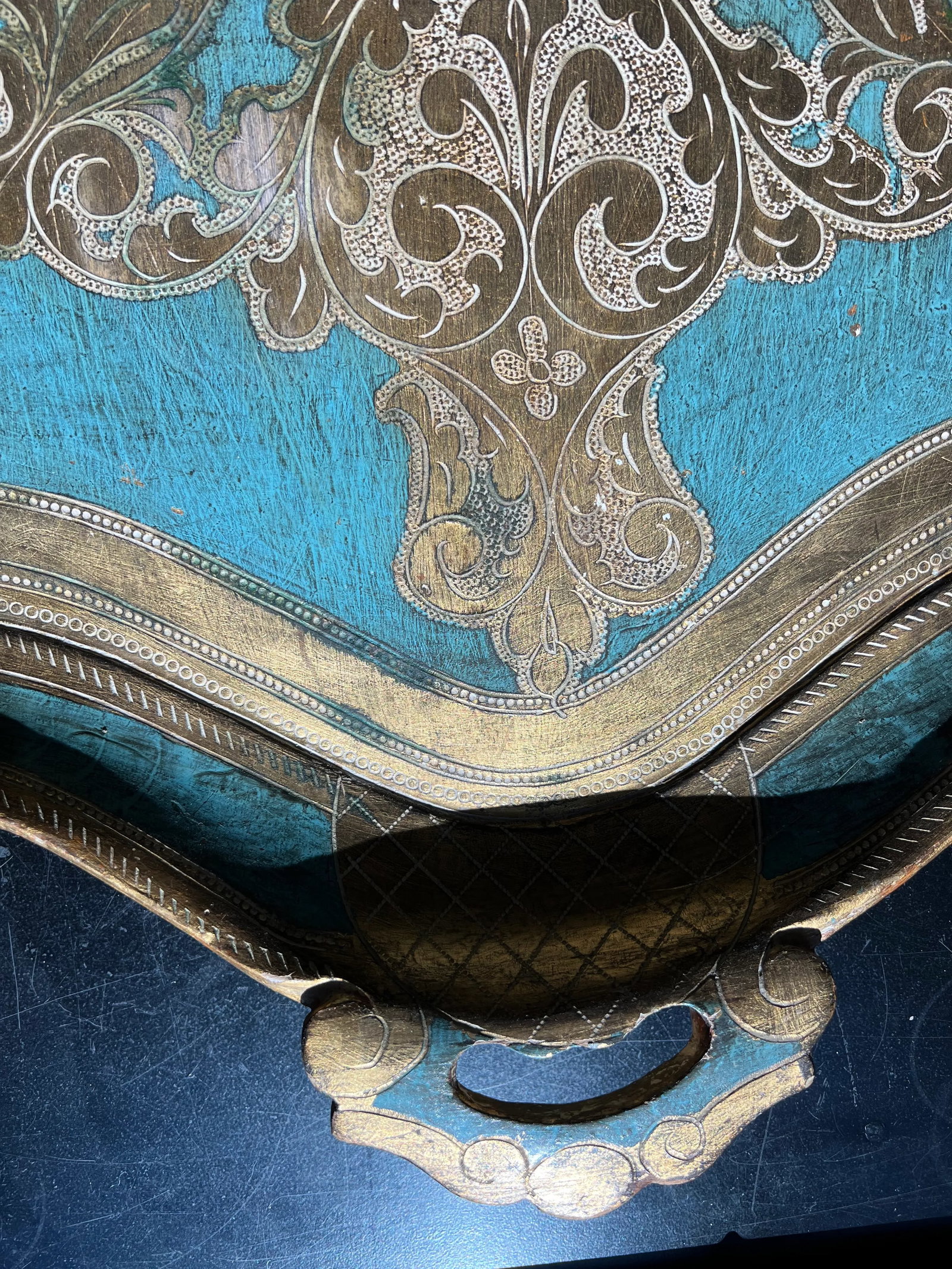 Vintage Hollywood Regency Florentine Turquoise & Gold Wood Tray - 6