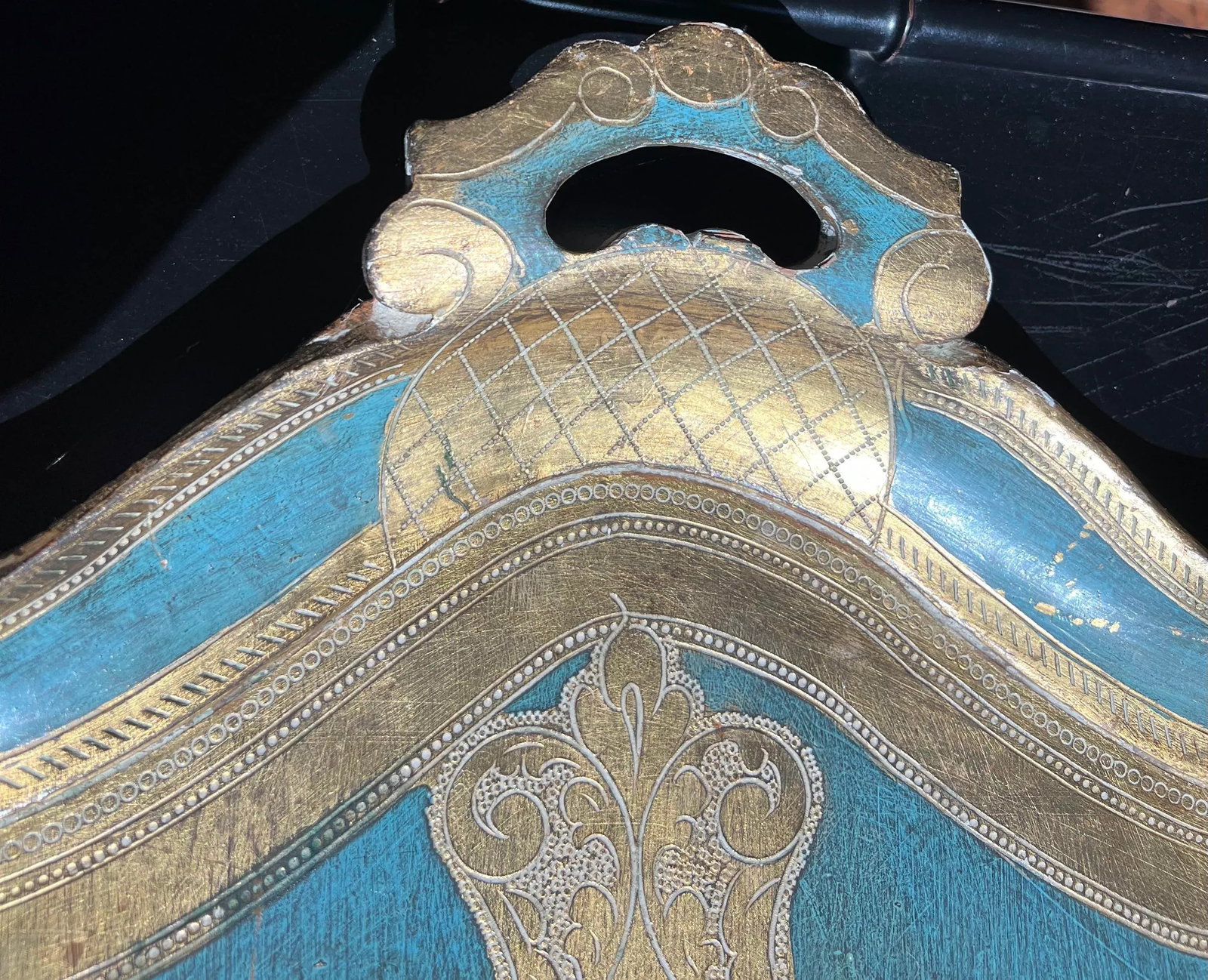 Vintage Hollywood Regency Florentine Turquoise & Gold Wood Tray - 8