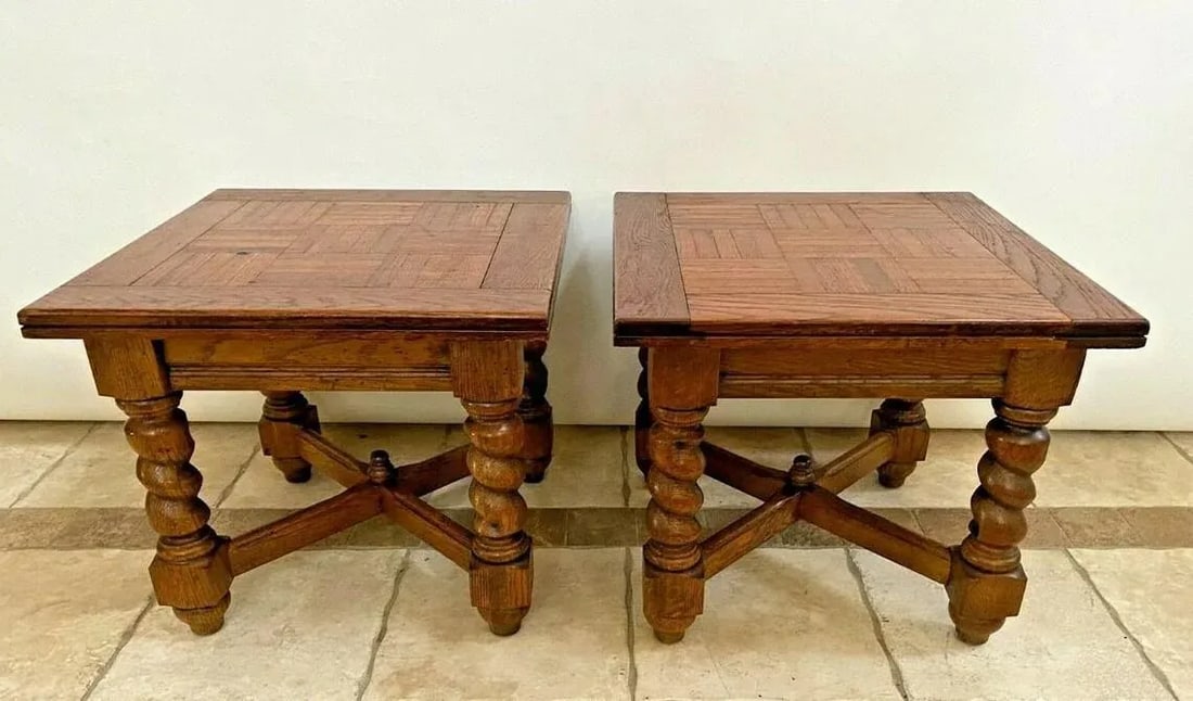 1970s Vintage M House Nightstands Lamp Tables Barley Twist Legs Inlays - a Pair - 3