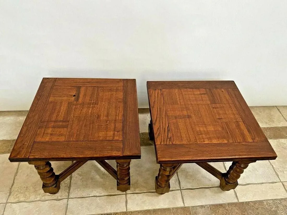 1970s Vintage M House Nightstands Lamp Tables Barley Twist Legs Inlays - a Pair - 4