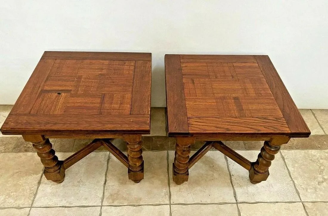 1970s Vintage M House Nightstands Lamp Tables Barley Twist Legs Inlays - a Pair - 5