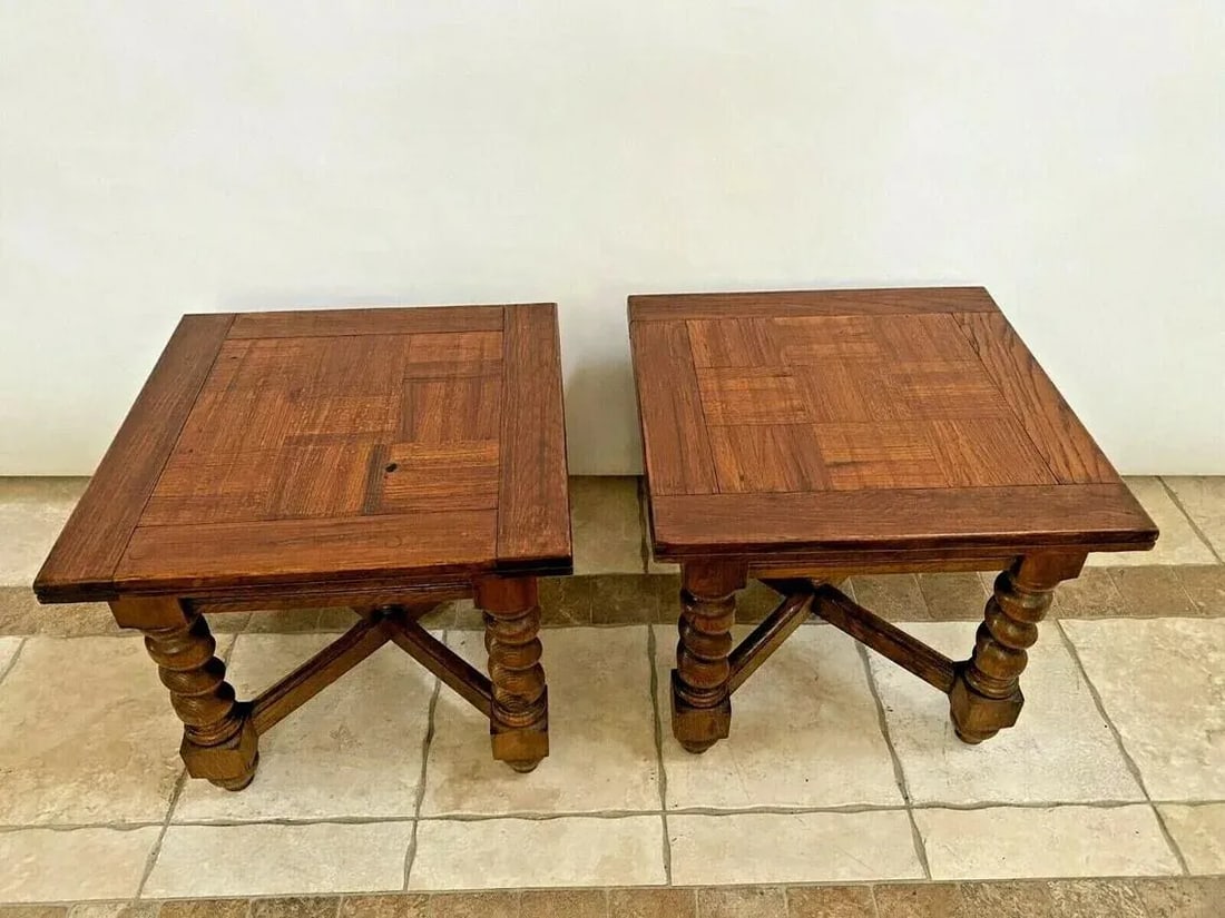 1970s Vintage M House Nightstands Lamp Tables Barley Twist Legs Inlays - a Pair - 6