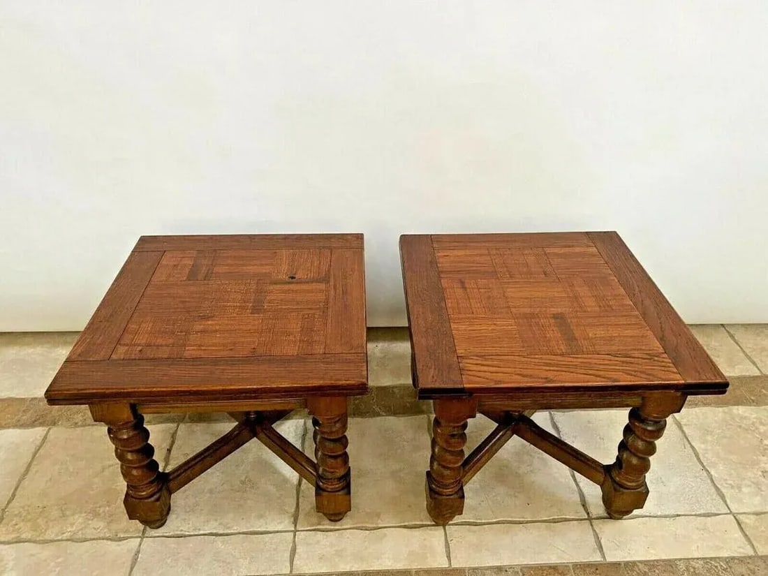1970s Vintage M House Nightstands Lamp Tables Barley Twist Legs Inlays - a Pair - 7