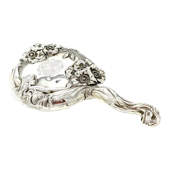 Early 20th Century Art Nouveau Sterling Hand Mirror 'Reine Des Fleurs', C. 1903, by Unger Brothers: Unger Brothers Art Nouveau Sterling Hand Mirror 'Reine des Fleurs', (Queen of the Flowers ) C. 1903 USA, Extensively marked for sterling with the Unger Bros. hallmark (twice) and 925 fine. Pat June