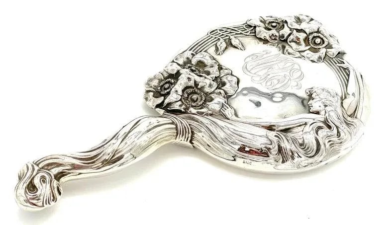 Early 20th Century Art Nouveau Sterling Hand Mirror 'Reine Des Fleurs', C. 1903, by Unger Brothers - 2