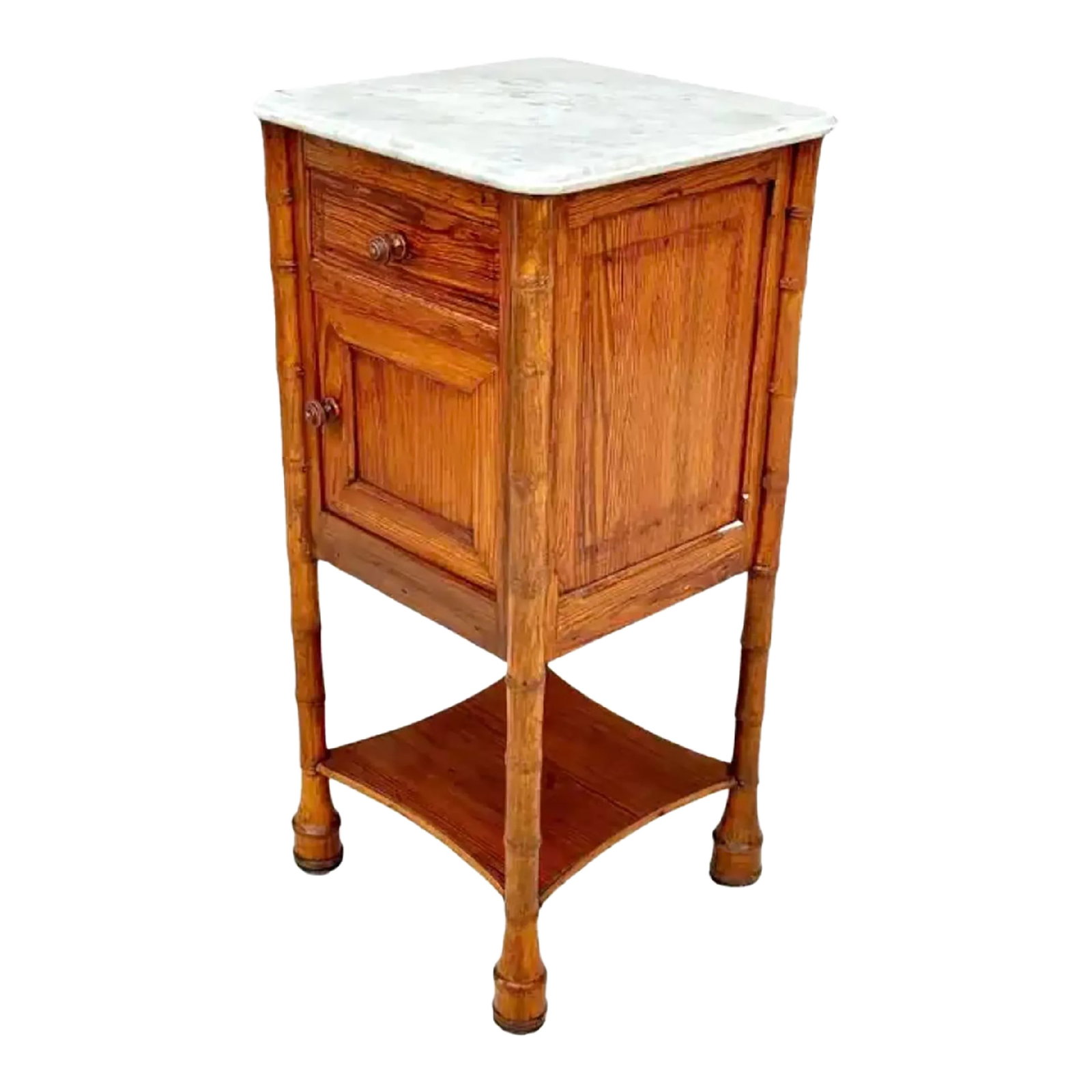 19th Century French Faux Bamboo Nightstand or Side Table WithWhite Marble Top #5: Charming 19th century French faux bamboo nightstand or side table with white marble top. Table features a top drawer over a door with shelf and an open bottom shelf. Perfect for bedroom night stand