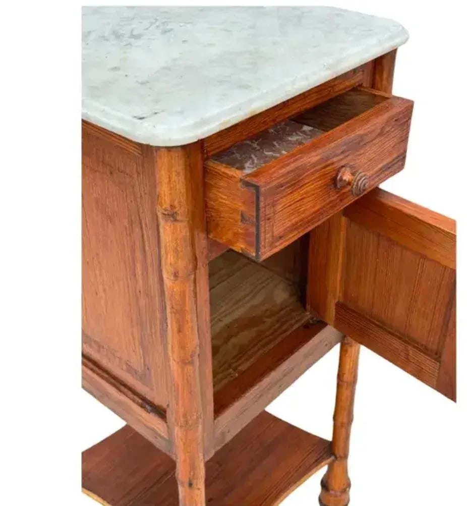 19th Century French Faux Bamboo Nightstand or Side Table WithWhite Marble Top #5 - 6