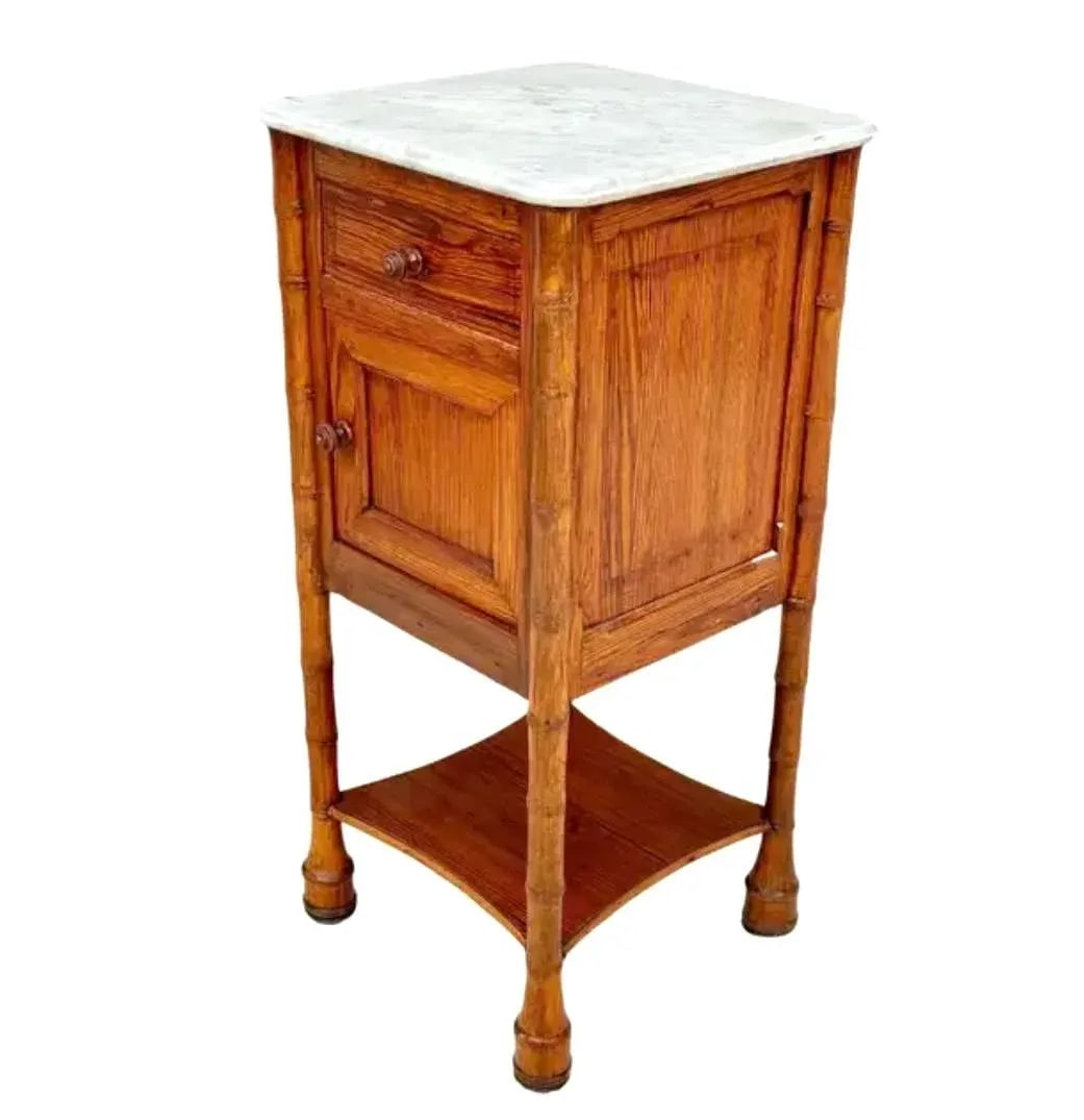 19th Century French Faux Bamboo Nightstand or Side Table WithWhite Marble Top #5 - 9