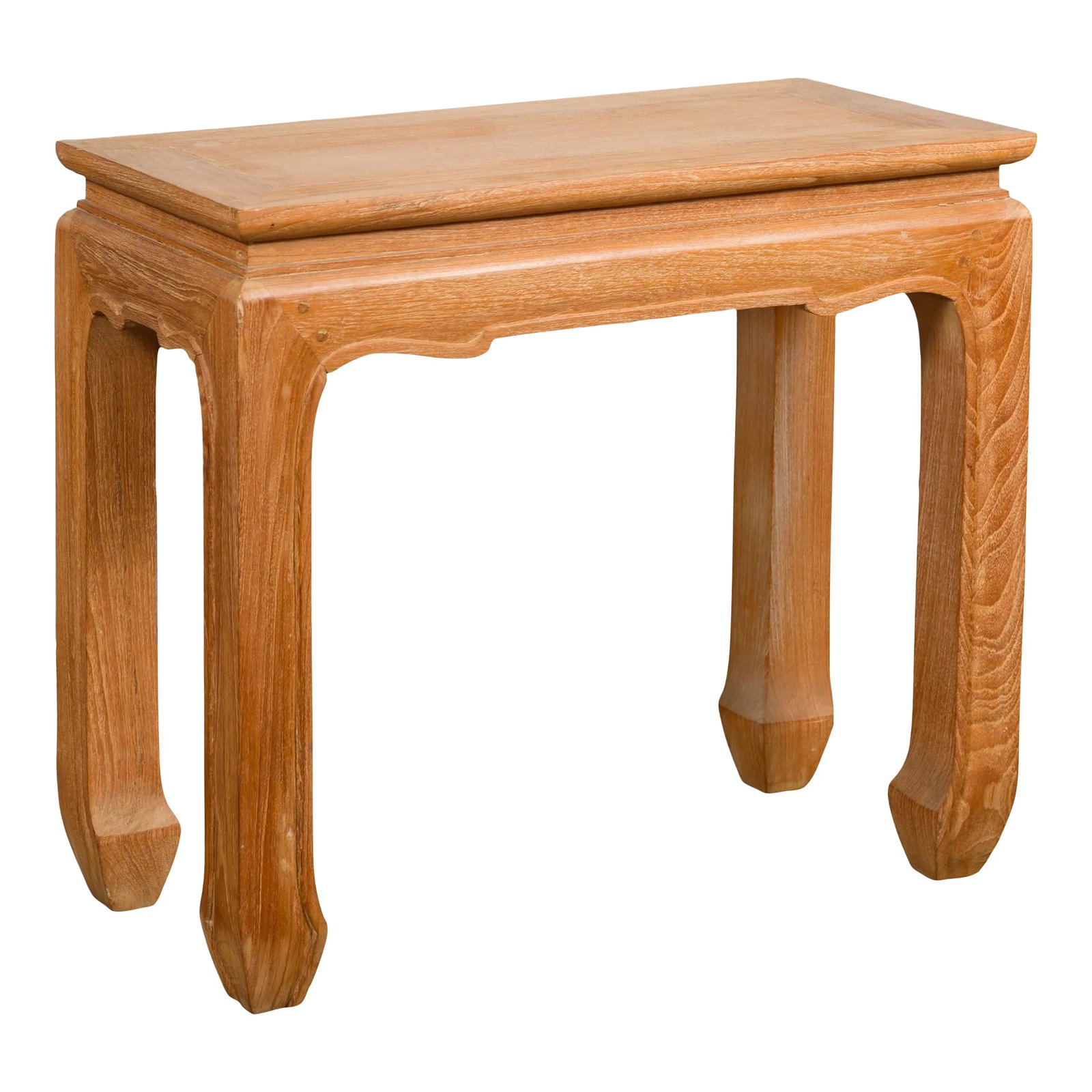 Chinese Late Qing Dynasty Natural Finish Stool or Side Table with Horsehoof Feet: A Chinese late Qing Dynasty period stool from the early 20th century with narrow waisted top, natural finish, horse hoof feet and carved apron. A testament to Chinese craftsmanship of the late Qing