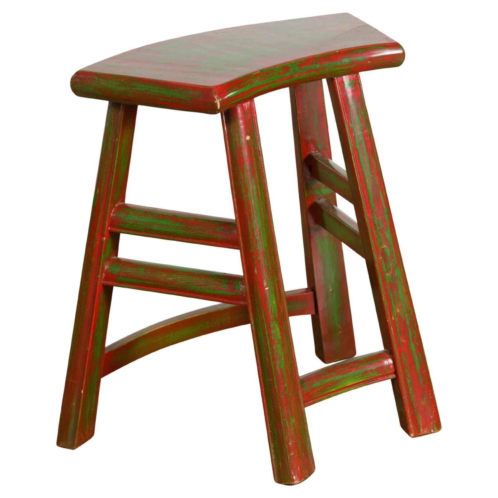 Japanese Late Meiji Period Red and Green Lacquered Stool with Semicircular Seat - 13