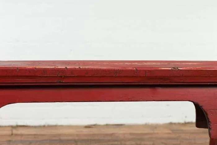 Distressed Red Lacquered Chinese Vintage Ming Style Bench with A-Form Base - 10