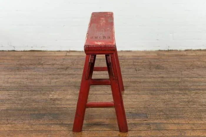 Distressed Red Lacquered Chinese Vintage Ming Style Bench with A-Form Base - 12