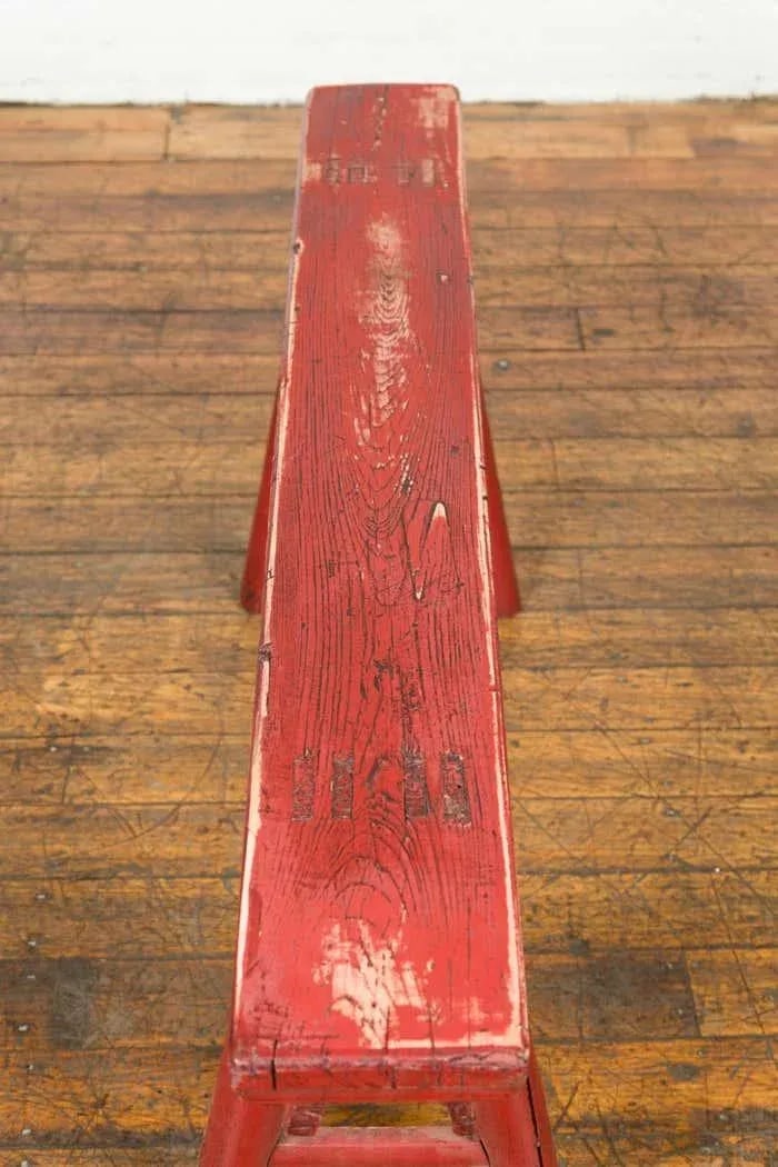 Distressed Red Lacquered Chinese Vintage Ming Style Bench with A-Form Base - 2