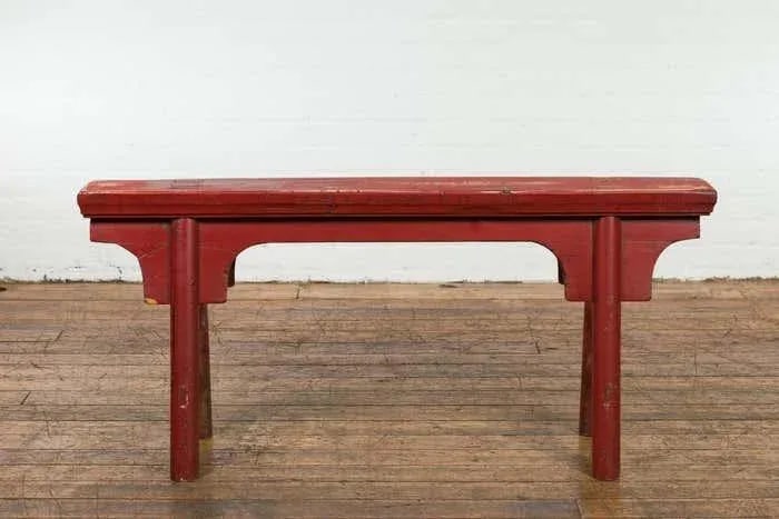 Distressed Red Lacquered Chinese Vintage Ming Style Bench with A-Form Base - 5