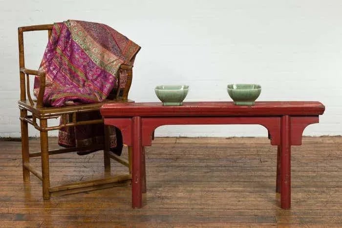 Distressed Red Lacquered Chinese Vintage Ming Style Bench with A-Form Base - 6