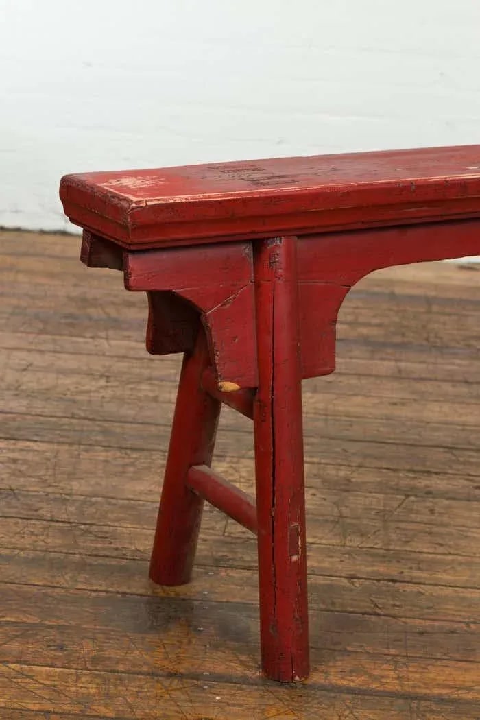 Distressed Red Lacquered Chinese Vintage Ming Style Bench with A-Form Base - 7