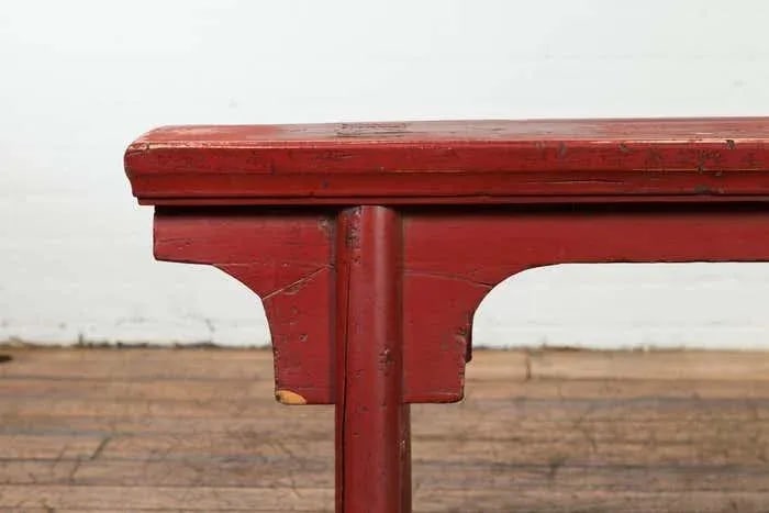 Distressed Red Lacquered Chinese Vintage Ming Style Bench with A-Form Base - 8