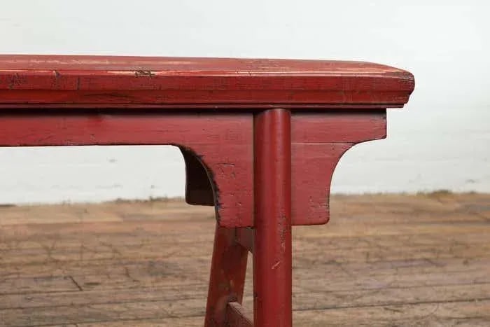 Distressed Red Lacquered Chinese Vintage Ming Style Bench with A-Form Base - 9
